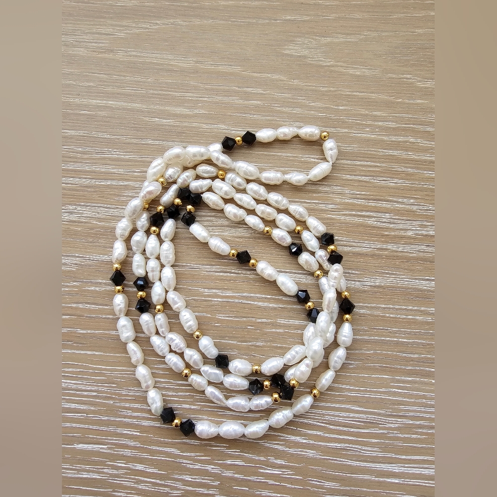 Long Freshwater Rice Pearl & Black Crystal Beaded Necklace 36"